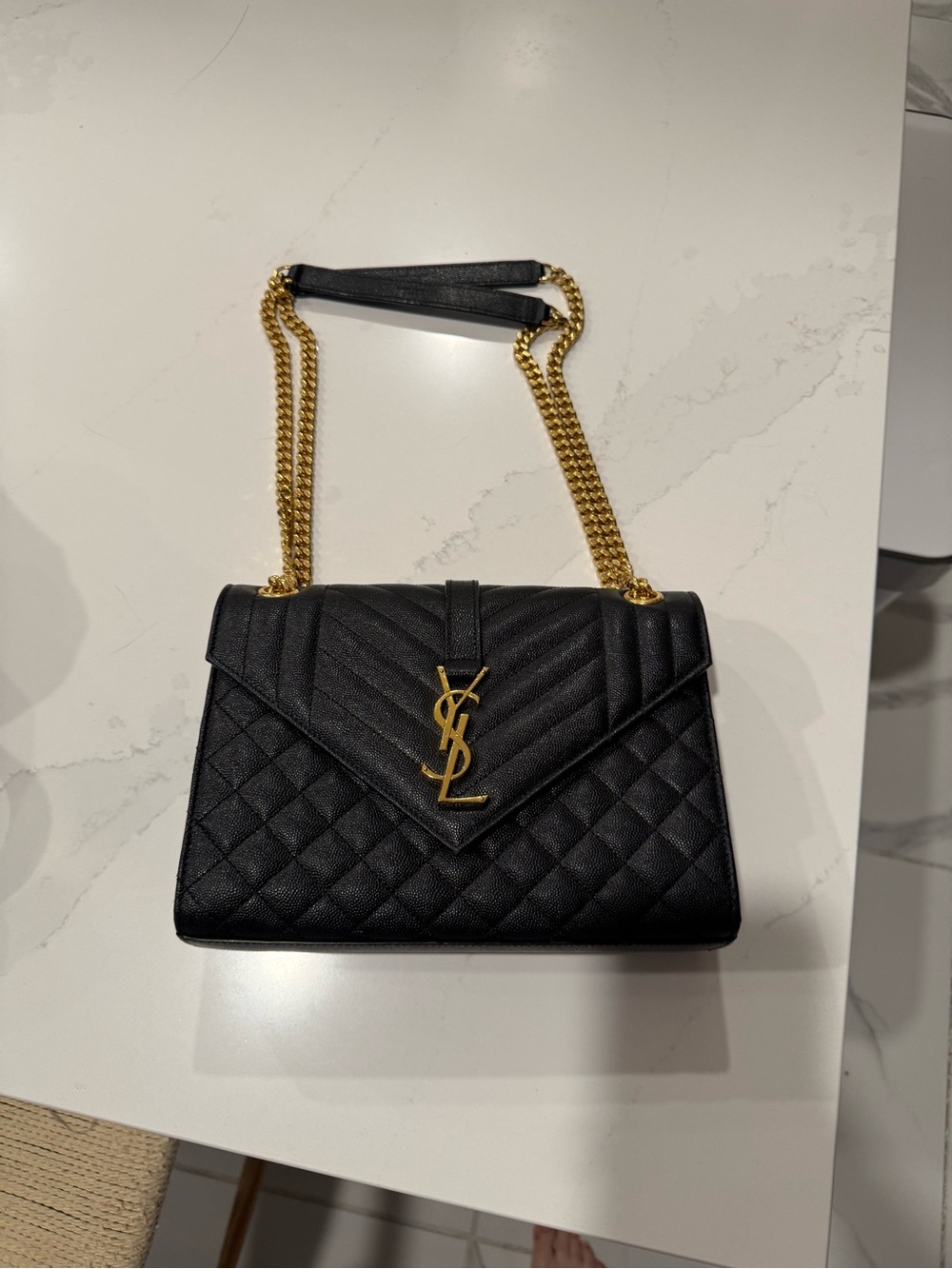 Saint Laurent Black Quilted Leather Shoulder Bag with Gold Chain Caviar YSL